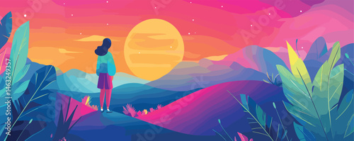 Woman watching vibrant sunset over mountains with colorful sky and lush foliage.