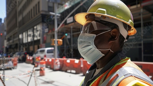 A construction worker wearing a face mask for protection, focused on the task at hand on a construction site. The worker, equipped with safety gear, demonstrates the importance of protection in a busy