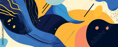 Abstract colorful waves with bold blue and yellow shapes in modern art.