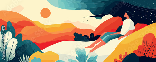 Serene sunset over abstract landscape with relaxed person in nature.