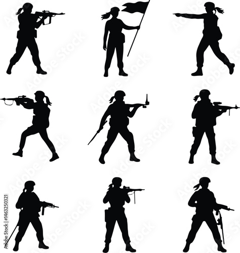 Soldiers Silhouette Set | Military, Army, Combat Poses Silhouettes of Armed Soldiers | War, Battle, Tactical Icons