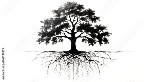 A detailed black silhouette of a tree with a full crown and intricate root system against a light background.