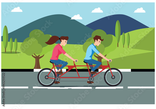 People rides a sports bike on a park road with friend, Vector Illustration	