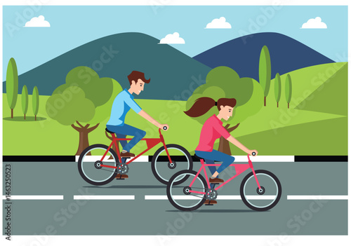 People rides a sports bike on a park road with friend, Vector Illustration	