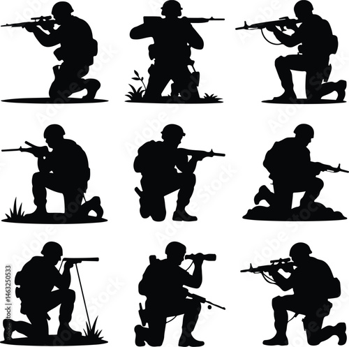 Soldiers Silhouette Set | Military, Army, Combat Poses Silhouettes of Armed Soldiers | War, Battle, Tactical Icons