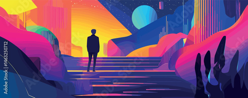 Vibrant abstract landscape with silhouette of man under starry sky and colorful geometric patterns.