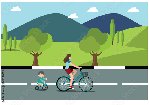 People rides a sports bike on a park road with friend, Vector Illustration	