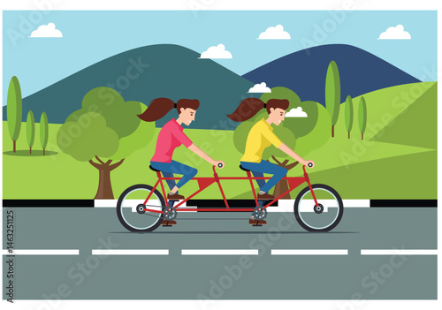 People rides a sports bike on a park road with friend, Vector Illustration	