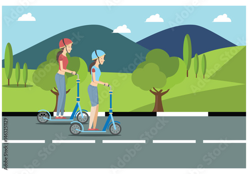People rides a sports bike on a park road with friend, Vector Illustration	