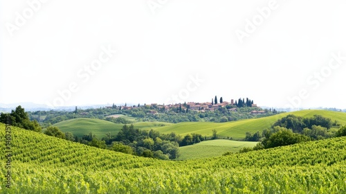 Scenic View of Rolling Green Hills with Vineyard and Quaint Village in Distance, Tuscany, Italy
