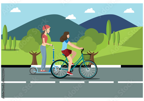 People rides a sports bike on a park road with friend, Vector Illustration	