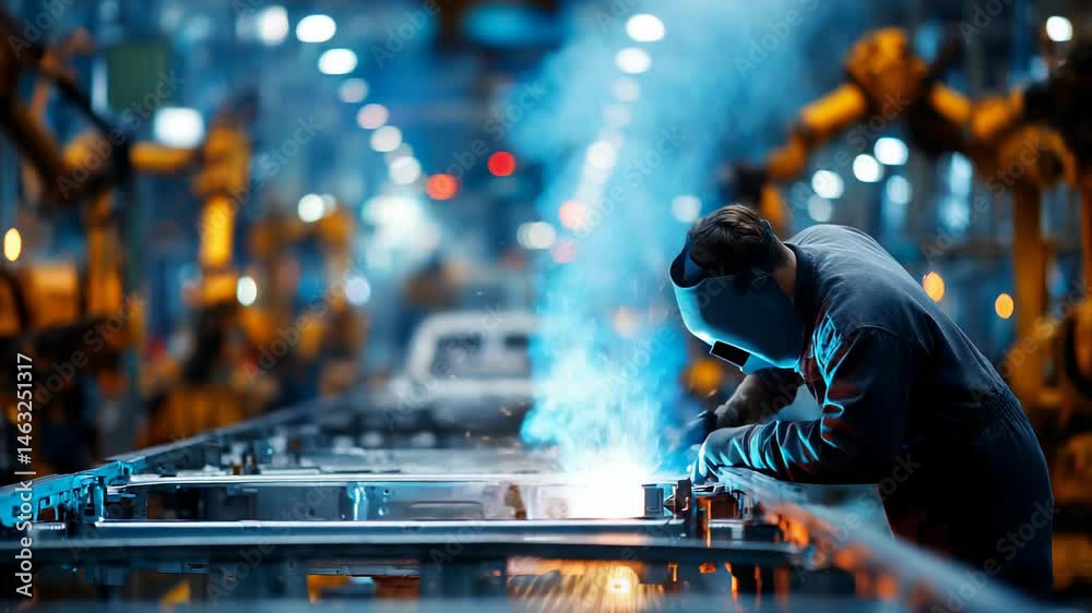 Welding industrial worker in modern factory environment