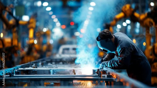 Welding industrial worker in modern factory environment