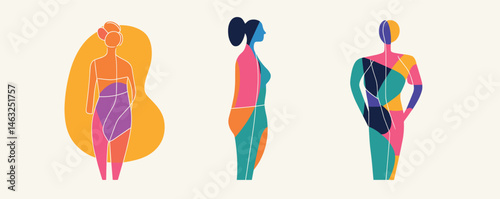 Three abstract female figures in colorful geometric shapes and patterns.