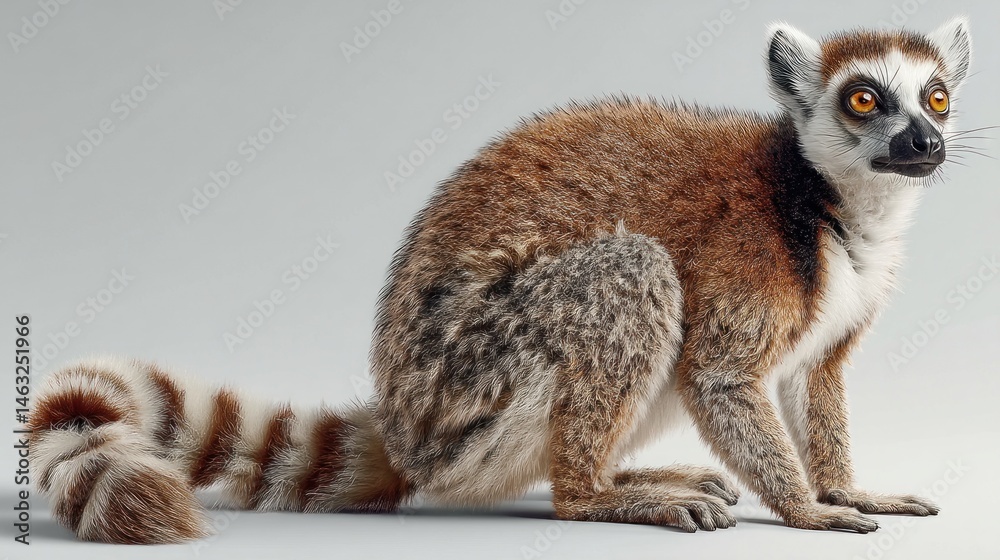 Fototapeta premium Realistic lemur holding tail, white backdrop