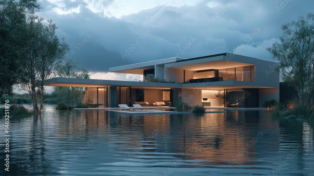Fototapeta premium Serene Lakeside Abode: Modern Architecture Reflecting in Tranquil Waterscape at Dusk