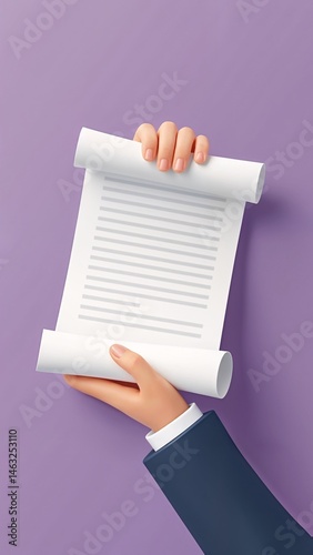 A hand holding a piece of paper over a purple background.