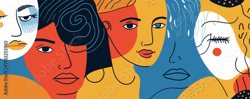 Abstract portraits of diverse young women with colorful background in modern art style.