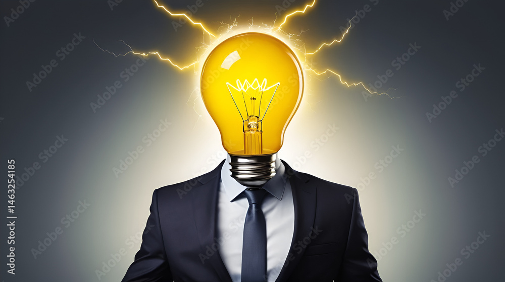 Idea Generation. Businessman with Bright Bulb Head and Yellow Lightning Idea Generation. Businessman with Bright Bulb Head and Yellow Lightning