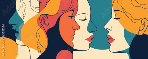 Abstract portrait of women with colorful profiles and geometric shapes.