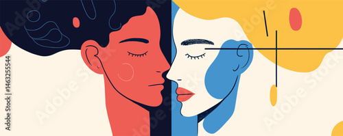 Abstract art: two women facing each other with bold colors and geometric shapes.