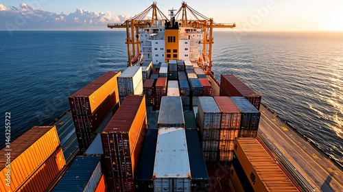 Large shipping vessel at dockside with ocean just beyond, containers ready for transfer, early evening lighting casts soft shadows, wide open frame