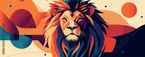 Vibrant abstract illustration of a majestic lion with bold colors and geometric shapes.
