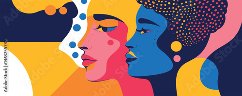 Colorful abstract art of two stylized women in profile with vibrant geometric patterns.