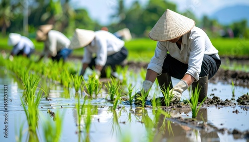 Farmers cultivate rice in lush green fields, wearing traditional conical hats, showcasing the beauty of rural agriculture and teamwork in a serene landscape