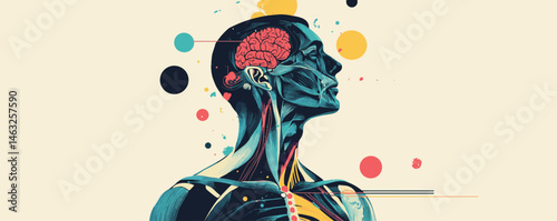 Anatomical illustration of human head and brain with abstract colorful elements.