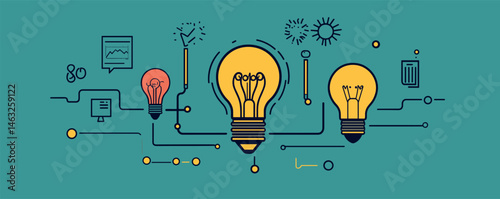 Creative connection of three light bulbs with innovative ideas and technology elements.