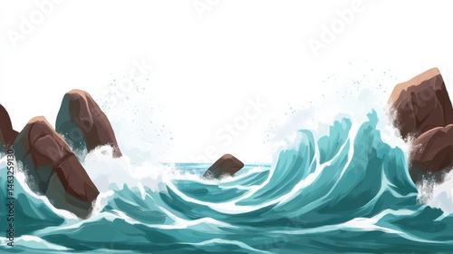 Turbulent Ocean Waves Crashing Against Rocky Shoreline in Vibrant Colors and Dynamic Motion