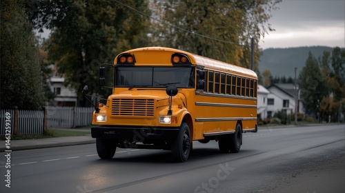 yellow school bus driving down the road, classic vehicle, nostalgic school transport, kids getting on the bus, morning commute.