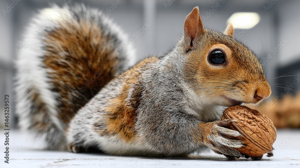 Obraz premium Squirrel holding nut, white floor