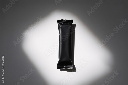 A sleek, black packaged bar, with a spotlight highlighting it and it's shadow