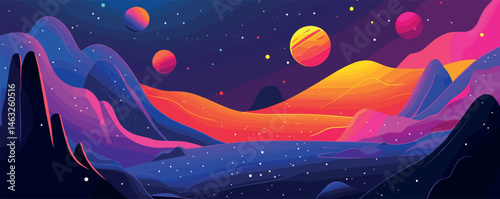 Vibrant cosmic landscape with colorful planets and abstract mountains under starry sky.