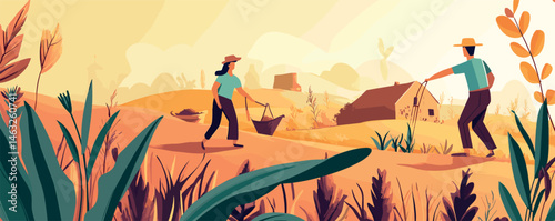Happy farmers working in sunny field: enjoying nature and farm life together.