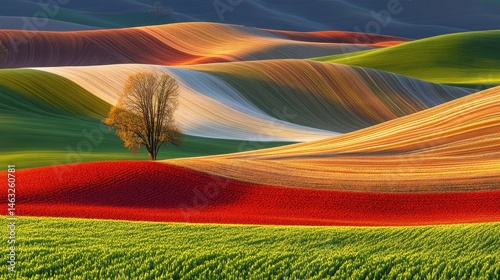Vibrant Landscape with Rolling Hills and a Single Tree Amidst Colorful Fields of Flowers