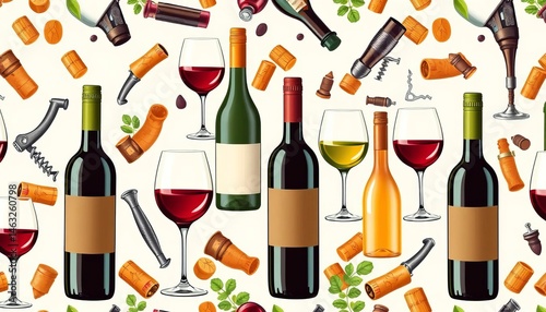 Seamless vector pattern featuring wine bottles, glasses, corkscrews, and corks , beverage, clipart