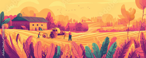 Vibrant autumn farm scene with workers harvesting in colorful rolling hills.