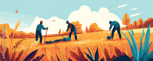 Three people harvesting in vibrant field with tools under blue sky.