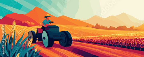 Farmer driving tractor in vibrant wheat field with mountainous sunset background