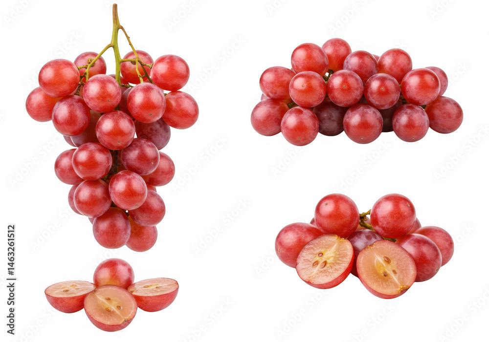 Obraz premium Arrangement of fresh red grapes with cut halves isolated on transparent background