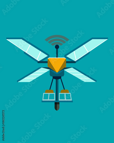 With its wings adorned with solar panels the drone could fly for hours without needing to land or recharge.. Vector illustration