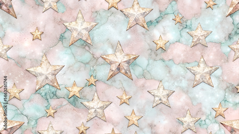 An intricate seamless design of stars with a soft glitter effect, placed on a textured marble background in pastel tones. The combination of sparkling elements and delicate texture makes it
An intricate seamless design of stars with a soft glitter effect, placed on a textured marble background in pastel tones. The combination of sparkling elements and delicate texture makes it