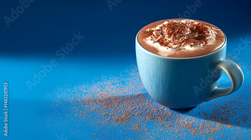 A steaming cup of hot chocolate with whipped cream and cocoa powder on a vibrant blue background
