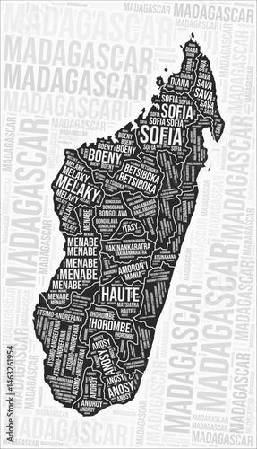 Madagascar regions map word cloud. Madagascar region names. Black and white map design. Trending vector illustration.