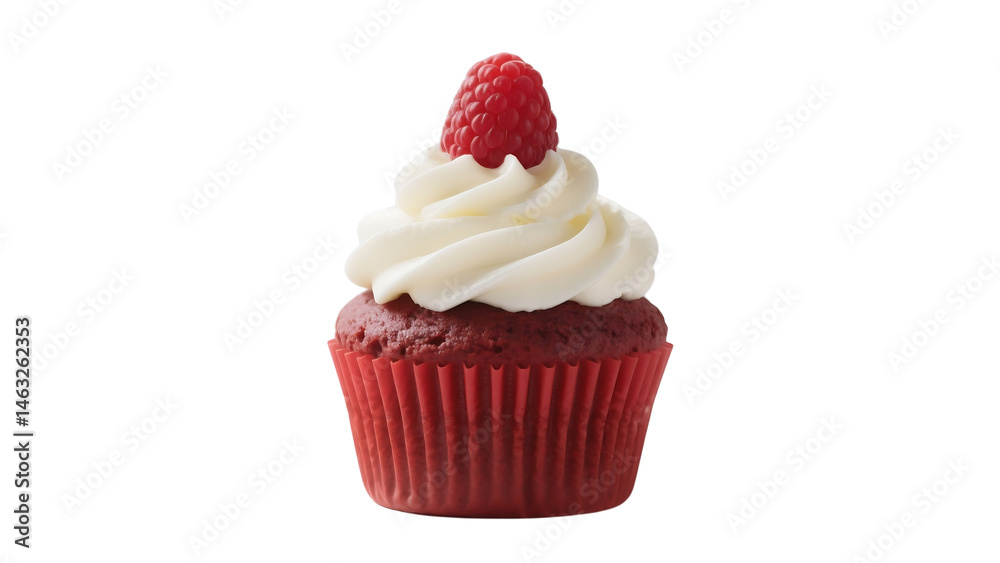 Single Red Velvet Cupcake with Cream Cheese Frosting and Raspberry Single Red Velvet Cupcake with Cream Cheese Frosting and Raspberry