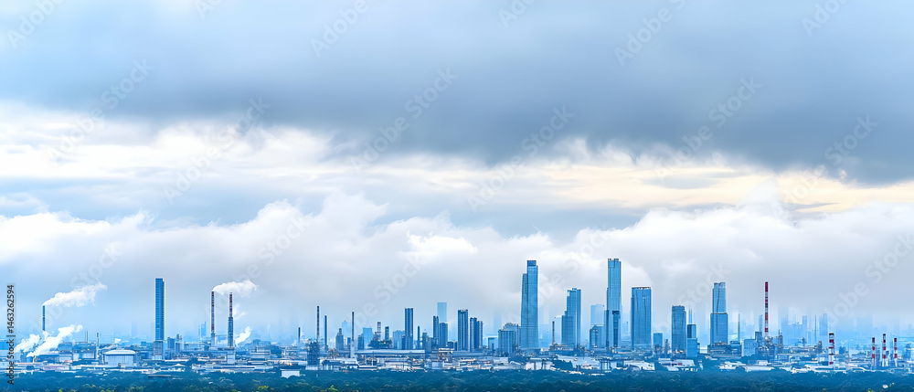 Obraz premium Panorama Of Industrial Cityscape Under Cloudy Sky