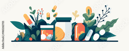 Assorted herbal supplements and plants in a minimalist layout.
